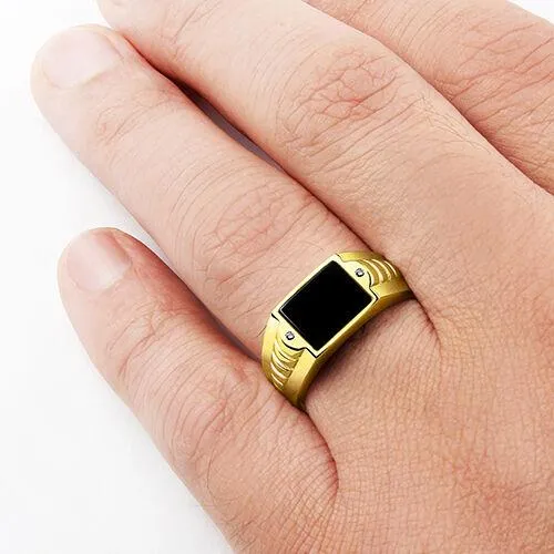 10K Fine GOLD Ring For Men with NATURAL BLACK ONYX and Genuine Diamonds