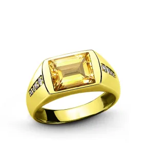 10K Solid Yellow Gold Classic Fine Men Ring with Citrine and 8 Diamond Accents