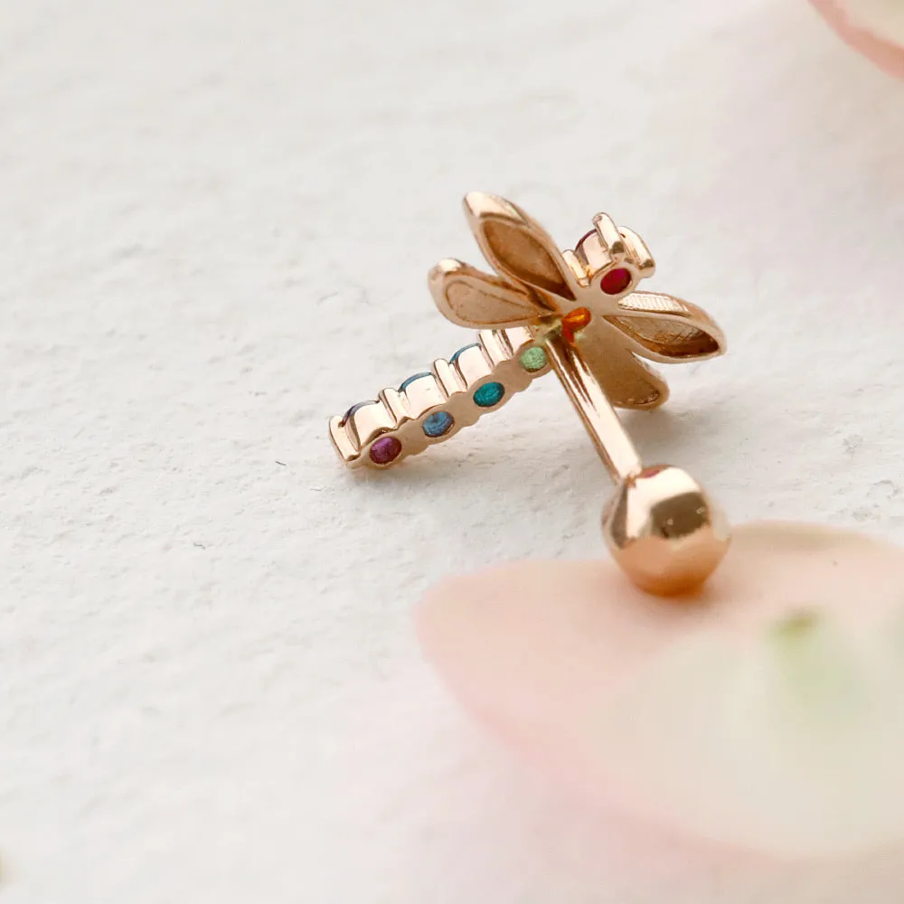 14K 18K Solid Gold Rainbow Cz Dragonfly Cartilage Helix Inner Conch  Barbell Piercing Earring Stud