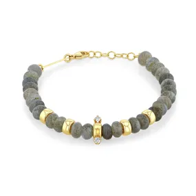 14k Gold & Labradorite Rondelle Bead Bracelet with 2 Prong Diamonds