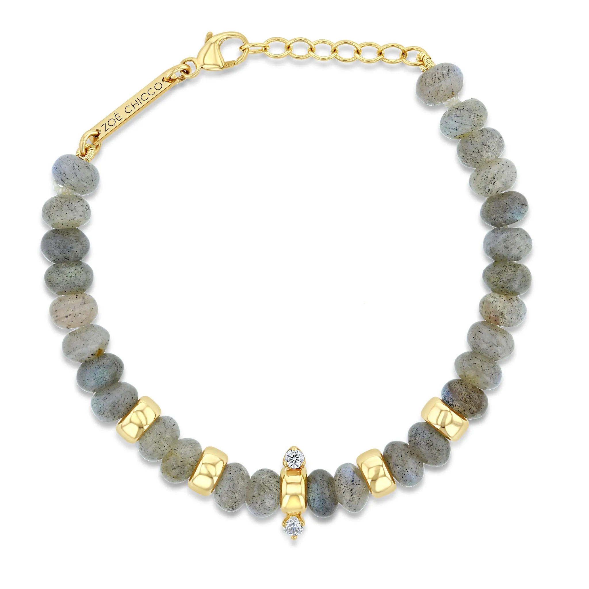 14k Gold & Labradorite Rondelle Bead Bracelet with 2 Prong Diamonds