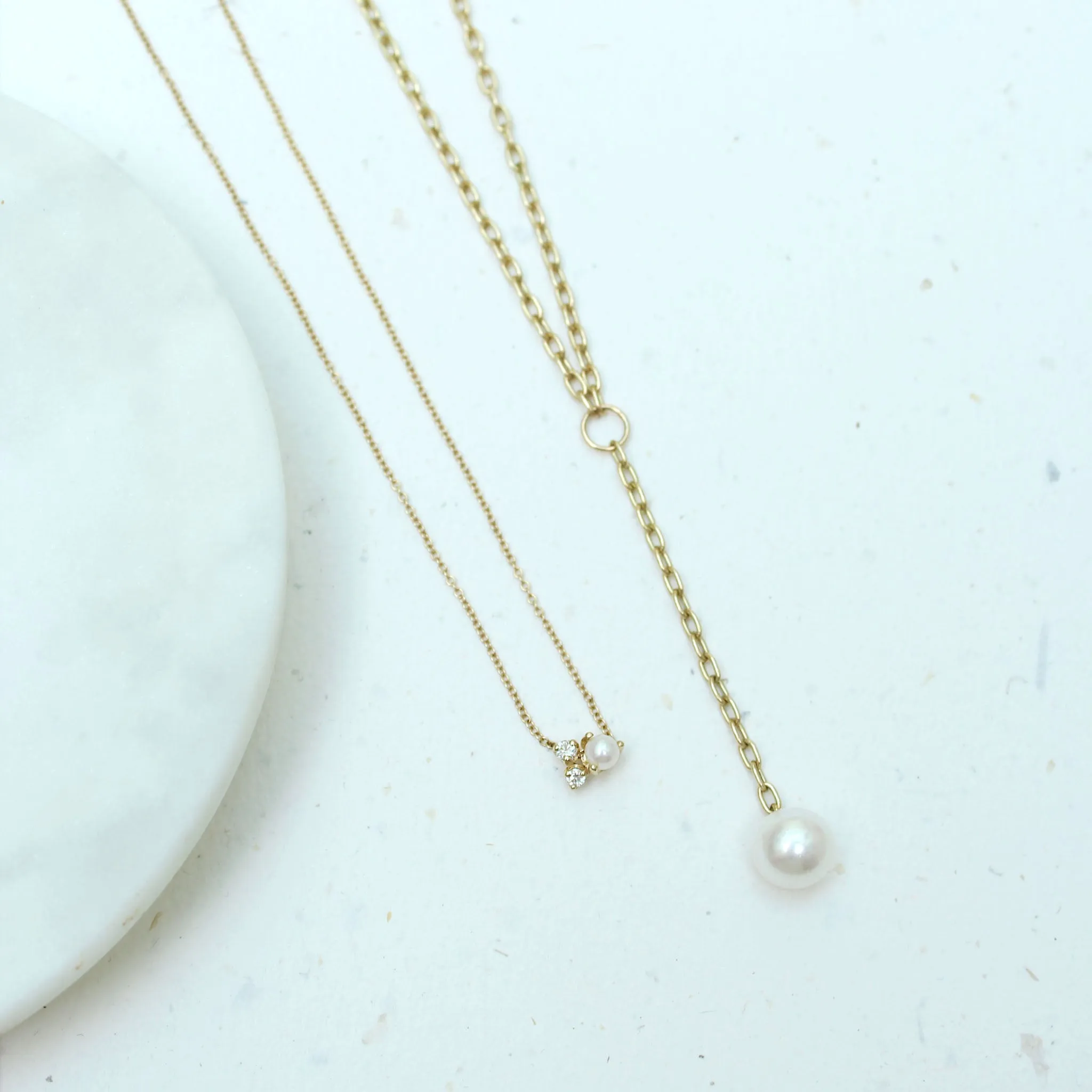 14k Small Square Oval Link Chain Lariat with Pearl Drop