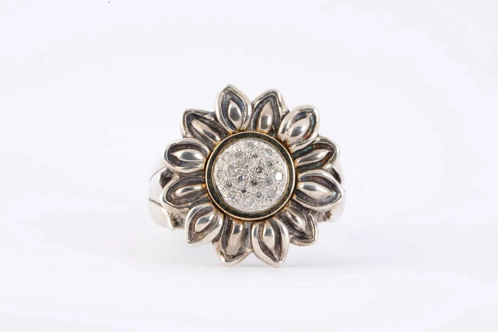 14k Yellow Gold 925 Silver 0.19tcw Diamond Sunflower Ring Size 8 (12.44g.)