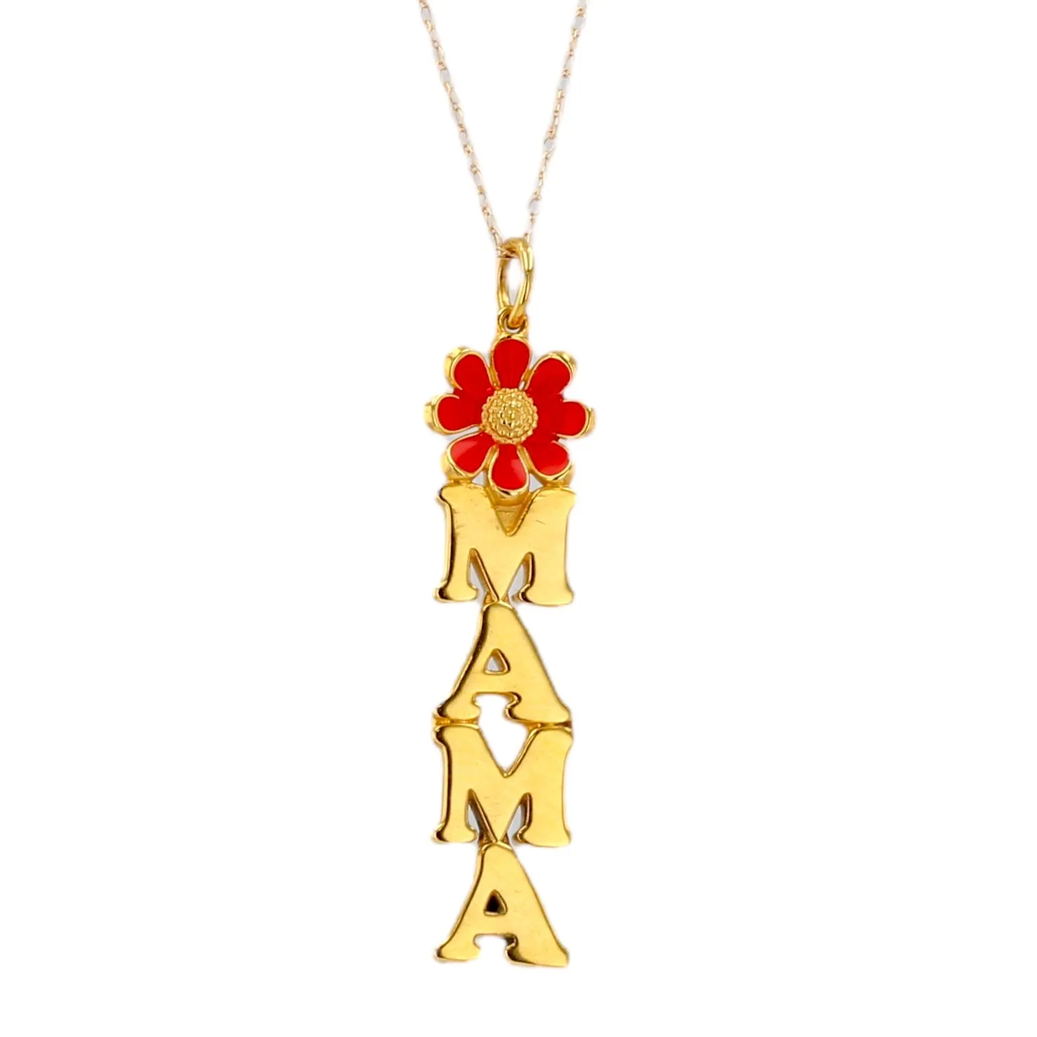 14K Yellow gold Mama red rose enamel pendant singapore chain-529399