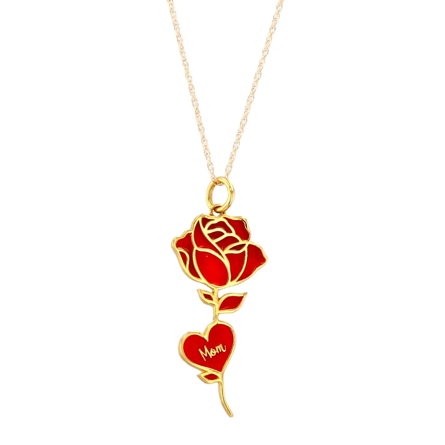 14K Yellow gold mom red enamel rose pendant singapore chain-527389