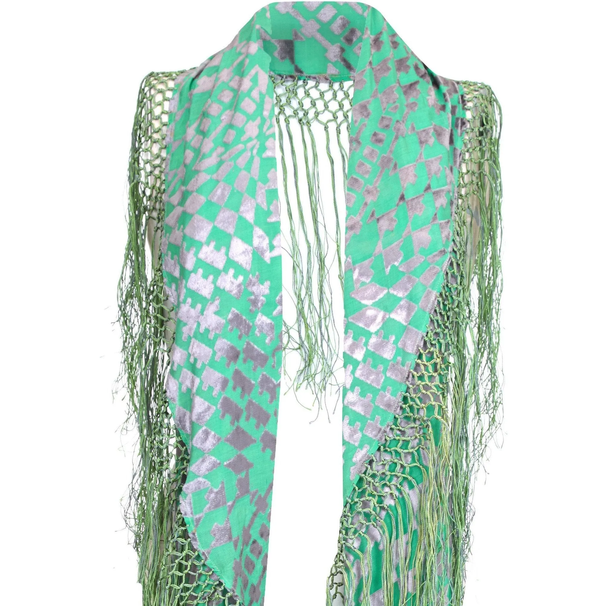 1920s Green and Silver Burn Out Velvet Shawl