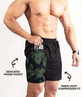 2-in-1 Compression Shorts with phone pocket: Military Camo