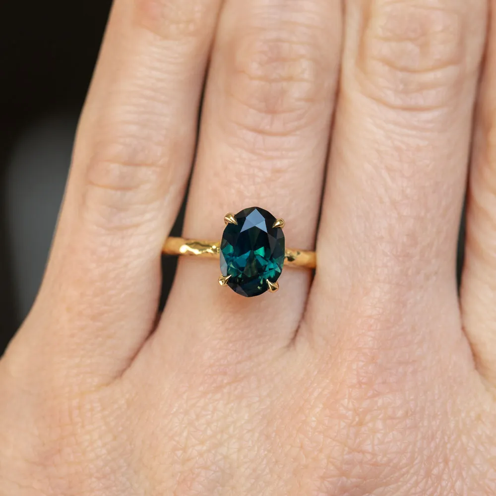 2.30ct Oval Australian Deep Teal Sapphire Evergreen Solitaire in 18k Yellow Gold