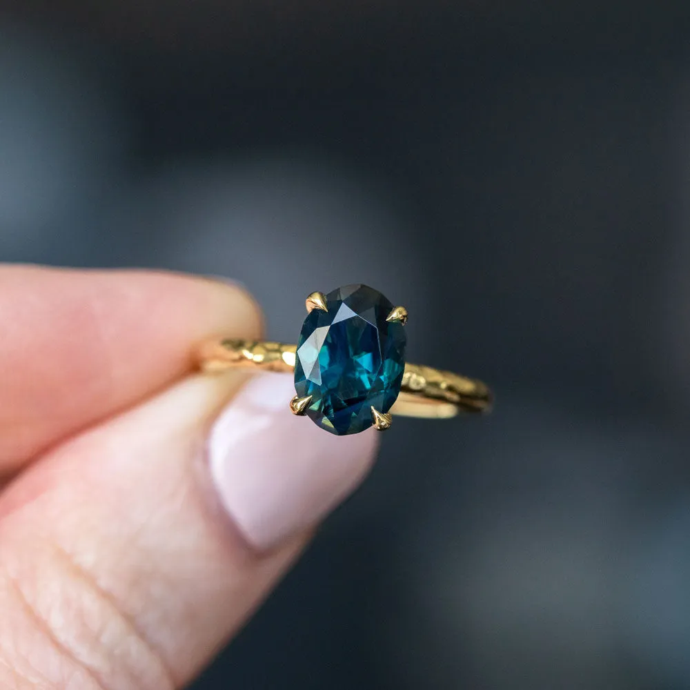 2.30ct Oval Australian Deep Teal Sapphire Evergreen Solitaire in 18k Yellow Gold