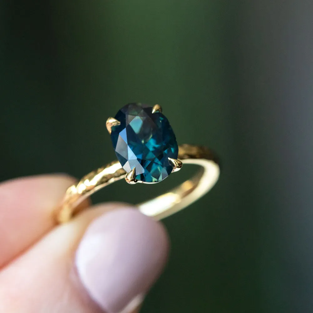 2.30ct Oval Australian Deep Teal Sapphire Evergreen Solitaire in 18k Yellow Gold