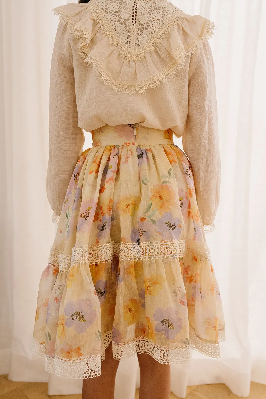 3075B-Watercolour Linen Ruffle Hem Skirt-Watercolour Print