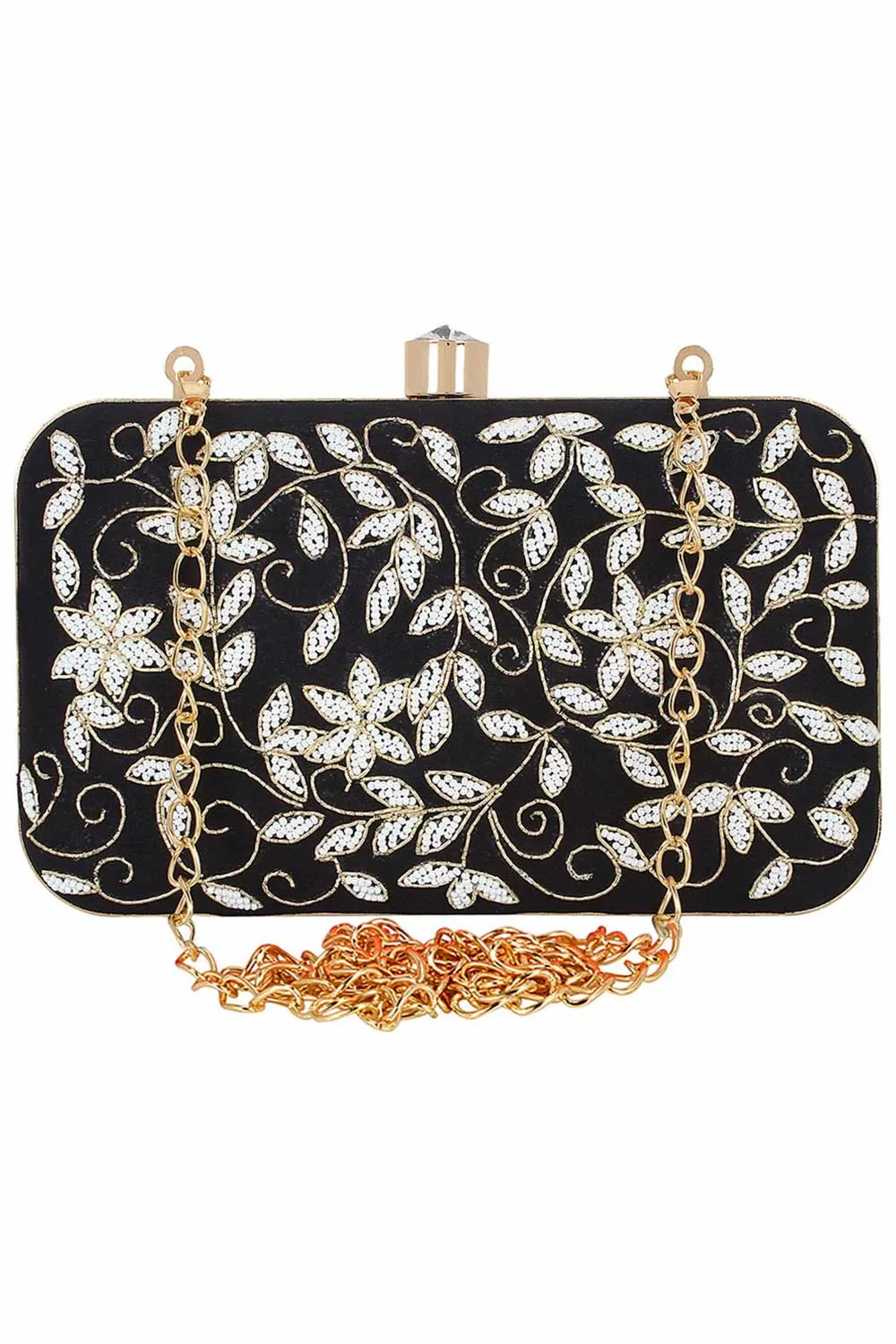 Adorn Embelished Faux Silk Fabric Clutch Black & White