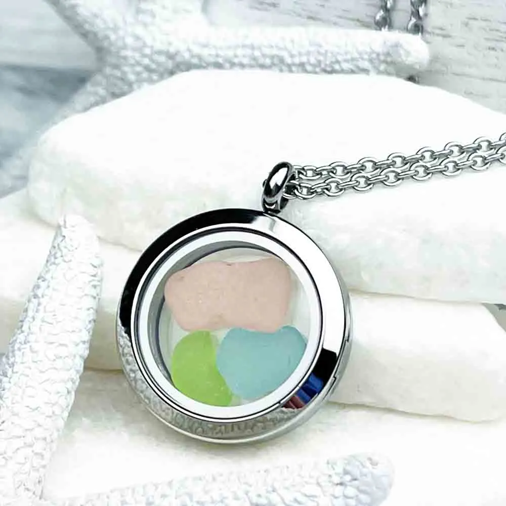 Aqua, Lime Green, and Pink Sea Glass Porthole Locket | # 1899