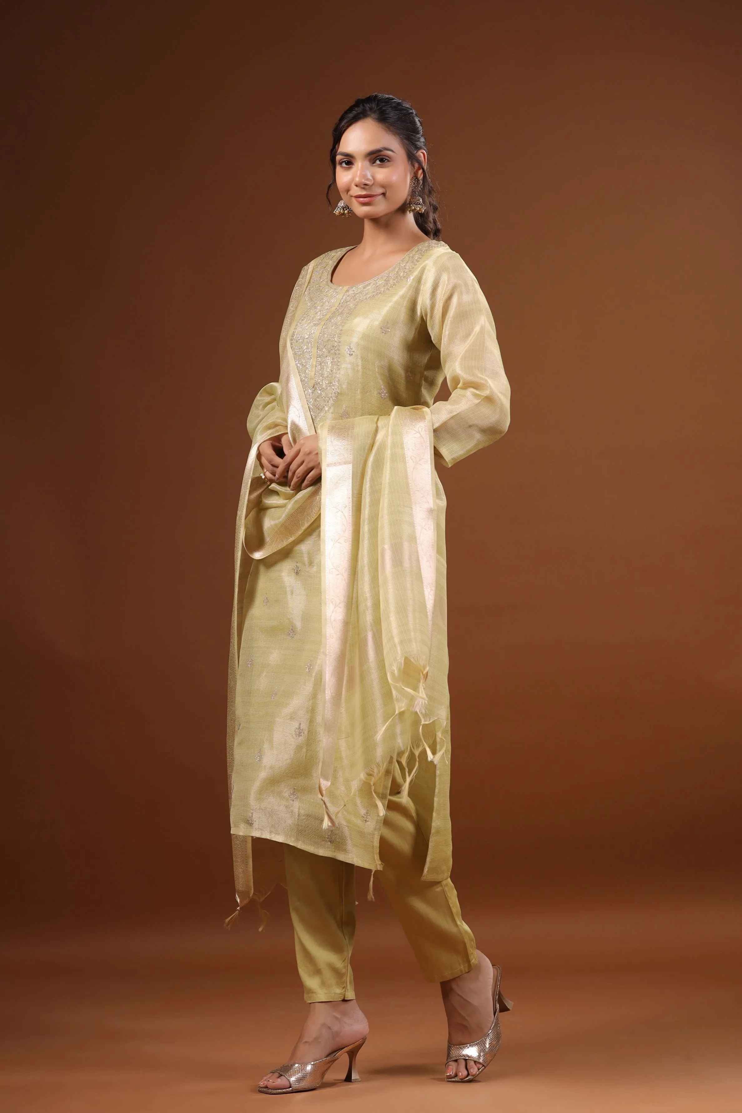 Arabian Gold Embellished Pure Jamdhani Silk Pants Set