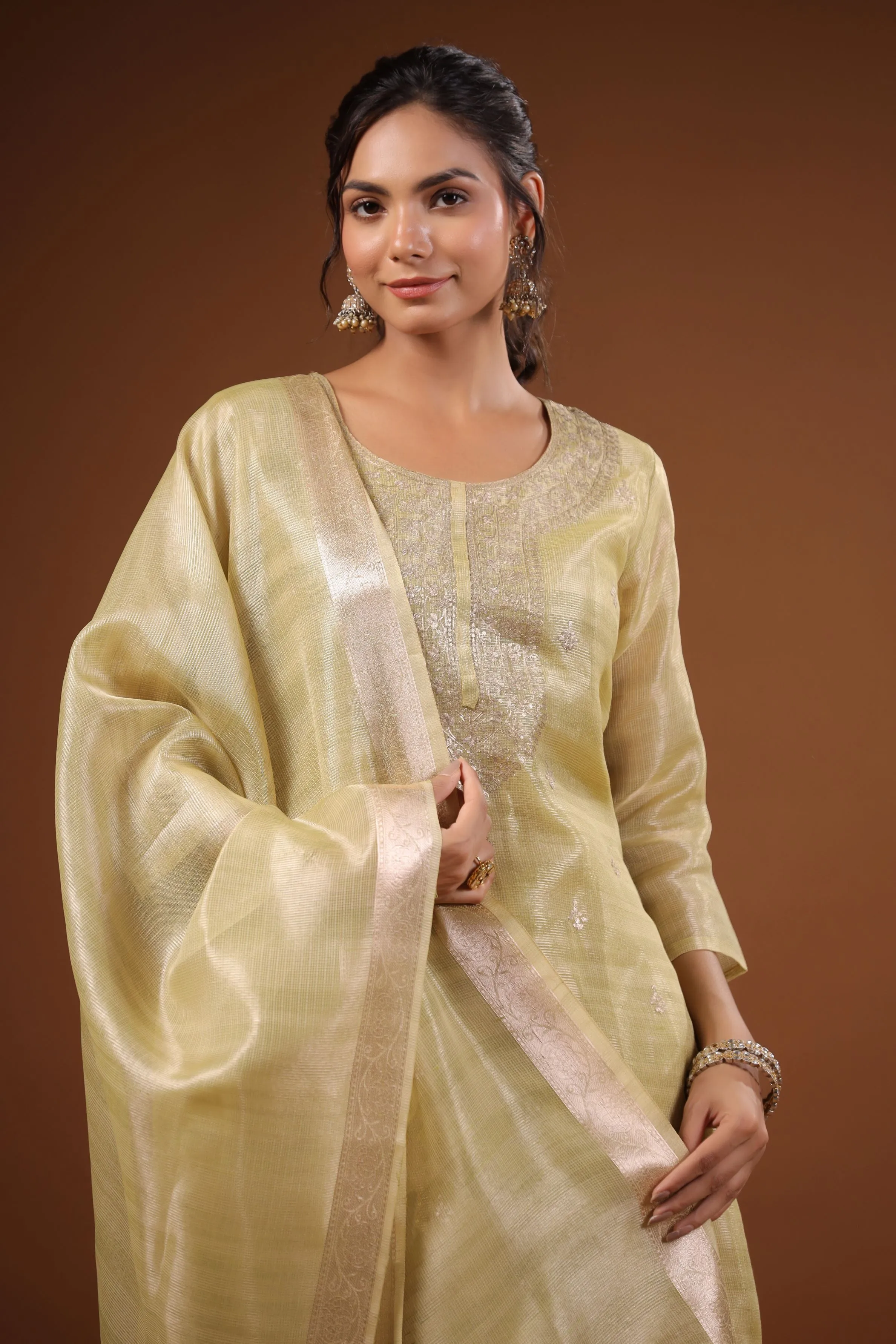 Arabian Gold Embellished Pure Jamdhani Silk Pants Set