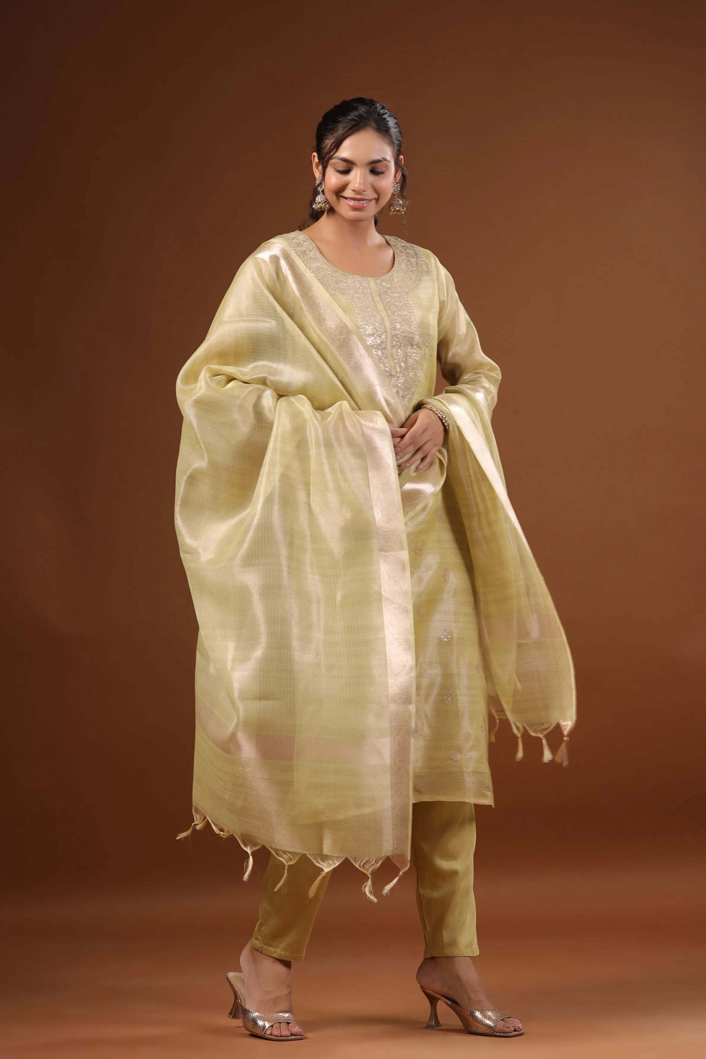 Arabian Gold Embellished Pure Jamdhani Silk Pants Set