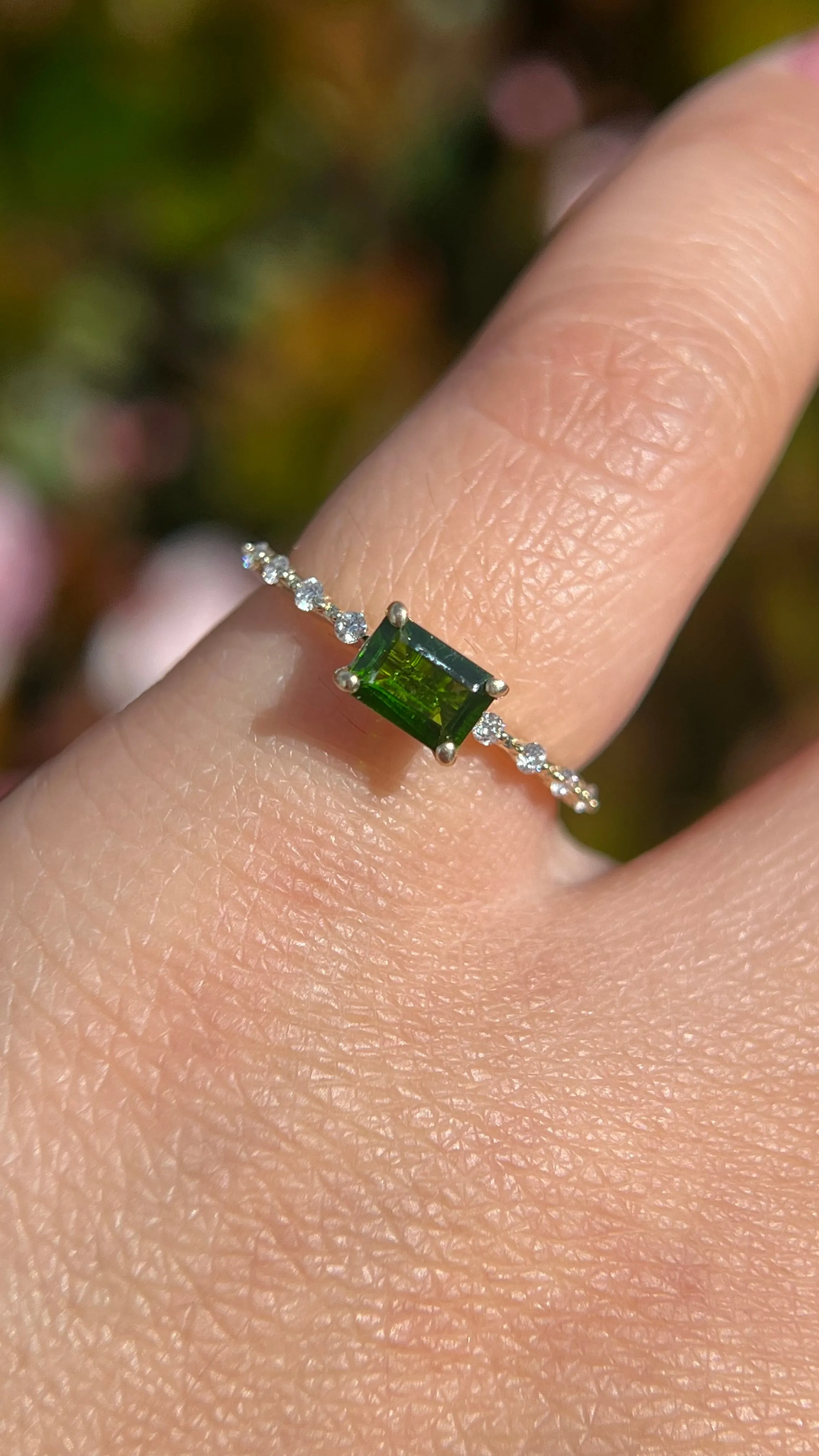 Bella 6x4mm 0.50ct East-West Emerald Cut Chrome Diopside Spaced Diamond Ring 14K Gold DFR060