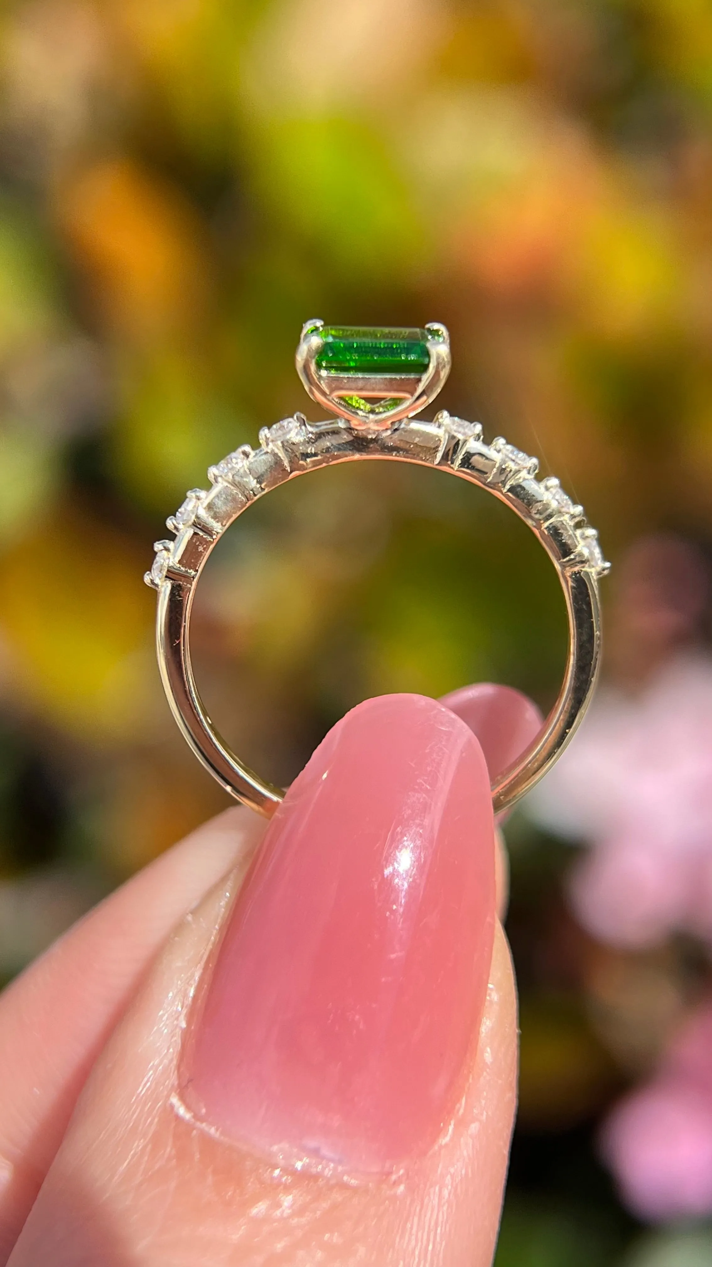 Bella 6x4mm 0.50ct East-West Emerald Cut Chrome Diopside Spaced Diamond Ring 14K Gold DFR060