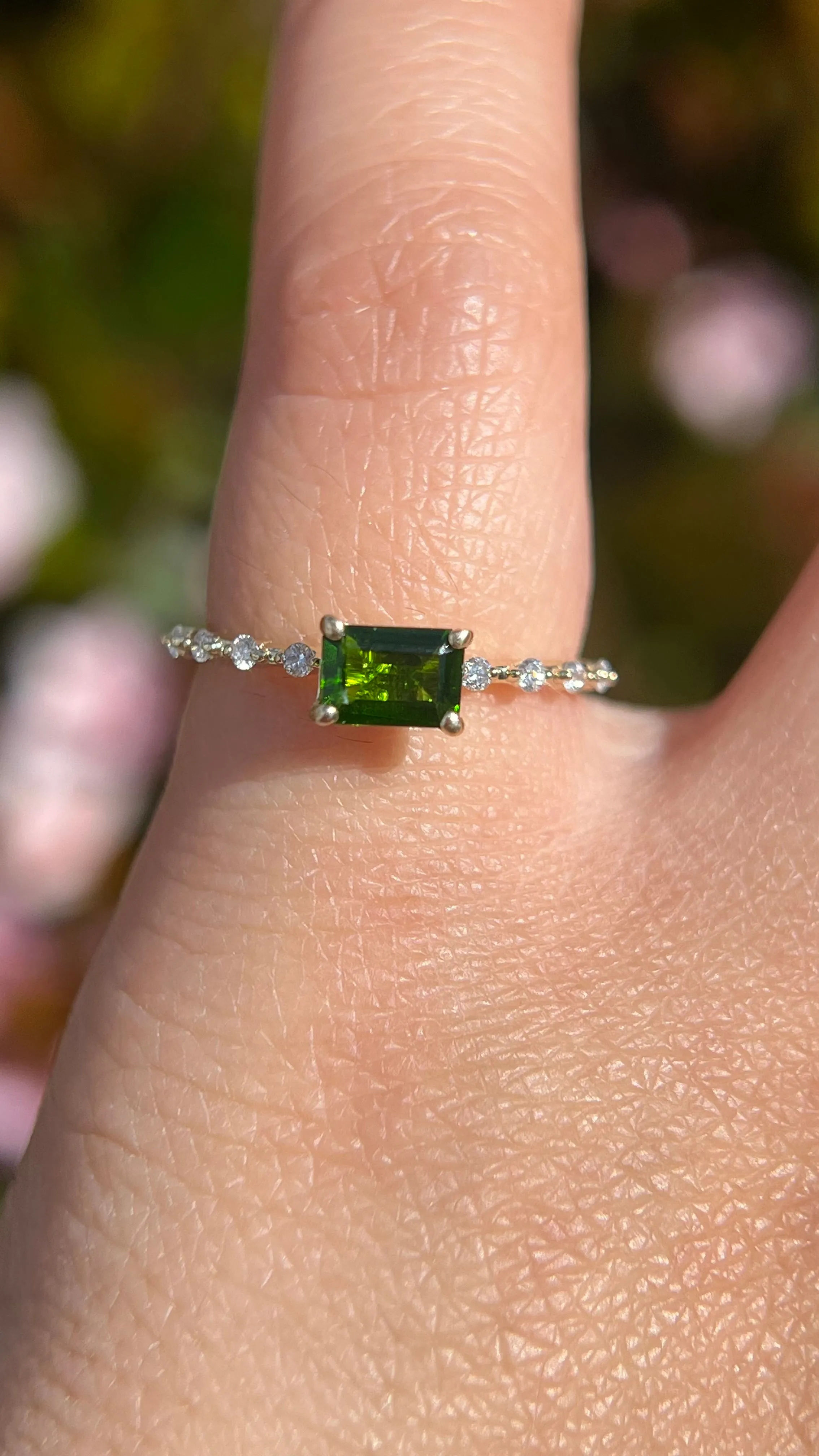 Bella 6x4mm 0.50ct East-West Emerald Cut Chrome Diopside Spaced Diamond Ring 14K Gold DFR060