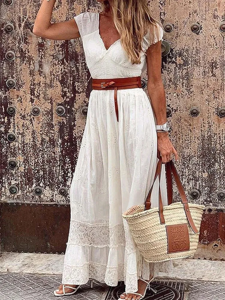 BerriesJam - 2024 Vintage White Lace Casual Beach Maxi Dress