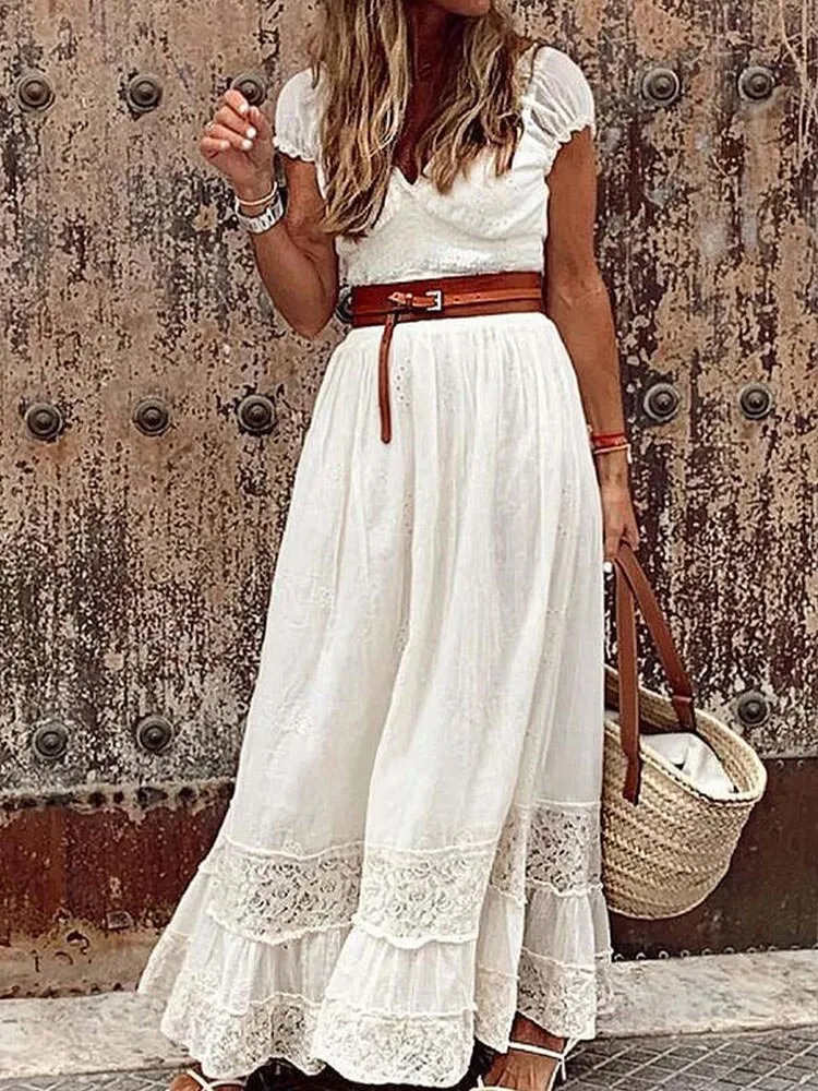 BerriesJam - 2024 Vintage White Lace Casual Beach Maxi Dress