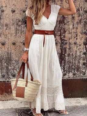 BerriesJam - 2024 Vintage White Lace Casual Beach Maxi Dress