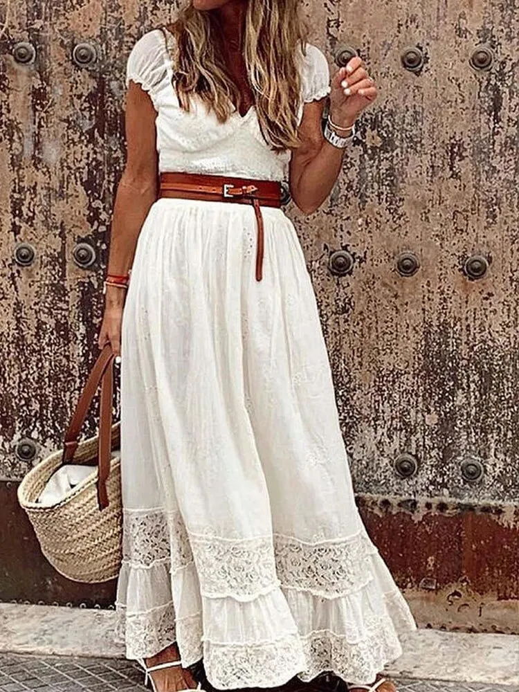 BerriesJam - 2024 Vintage White Lace Casual Beach Maxi Dress