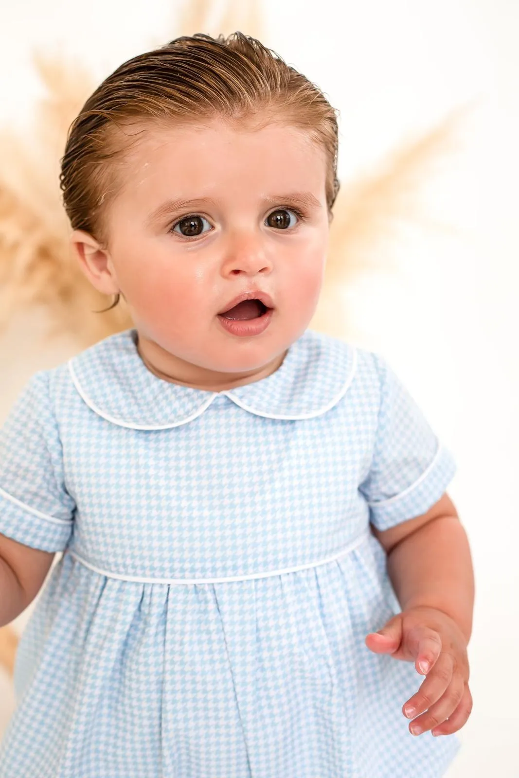 Boys Blue Houndstooth Romper Trimmed With White