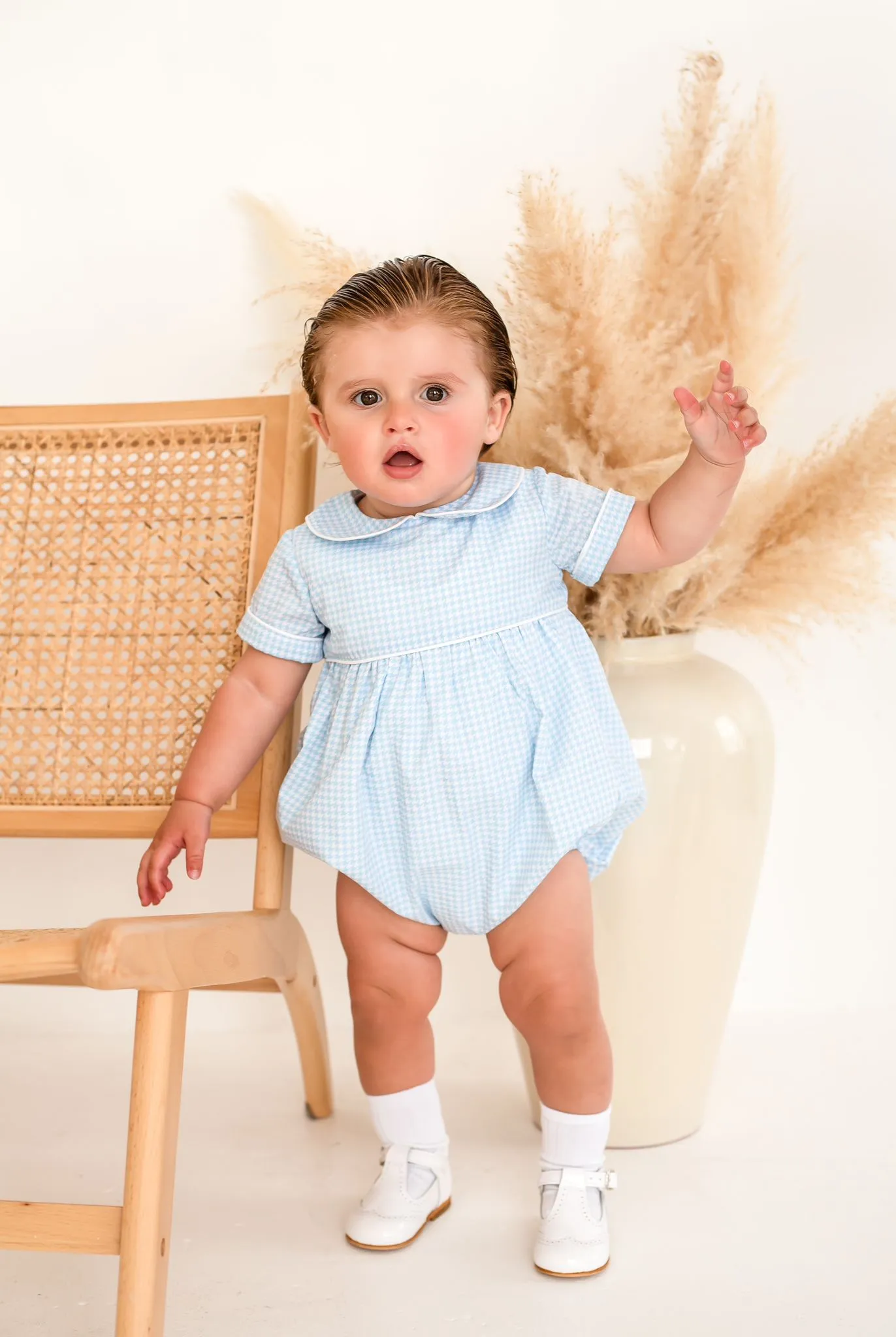 Boys Blue Houndstooth Romper Trimmed With White