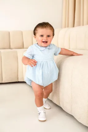 Boys Blue Houndstooth Romper Trimmed With White