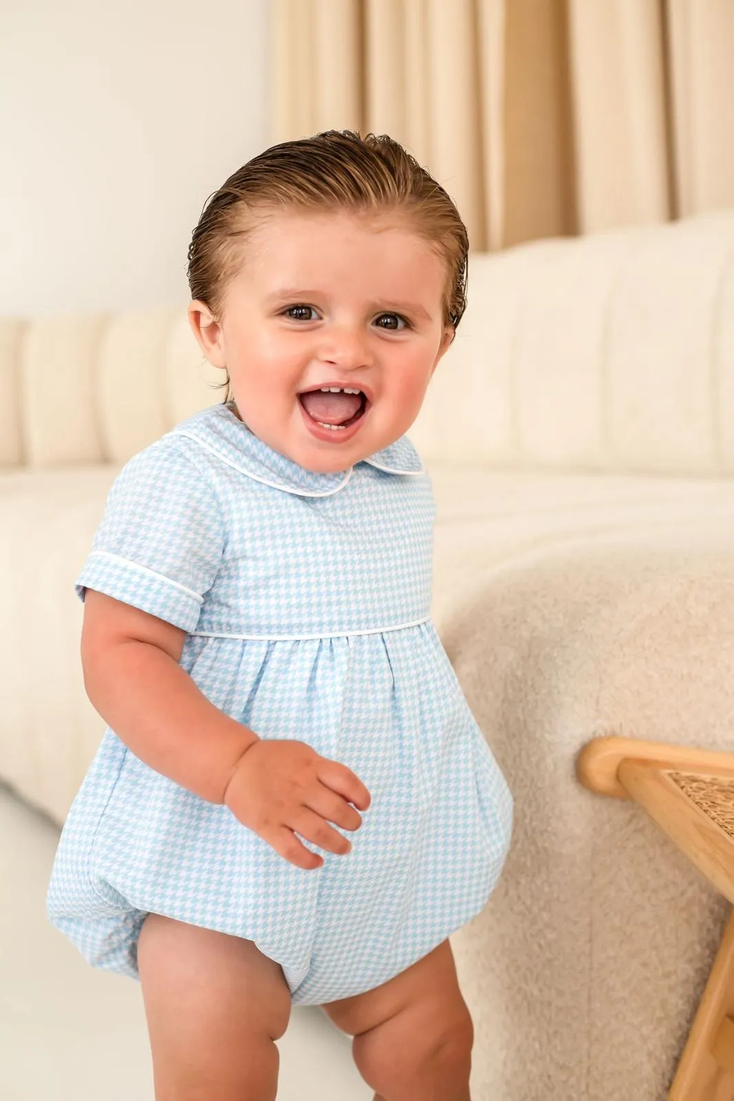 Boys Blue Houndstooth Romper Trimmed With White