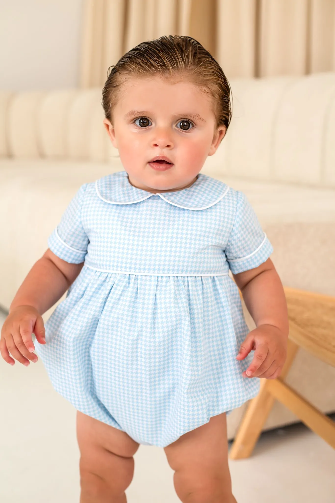 Boys Blue Houndstooth Romper Trimmed With White