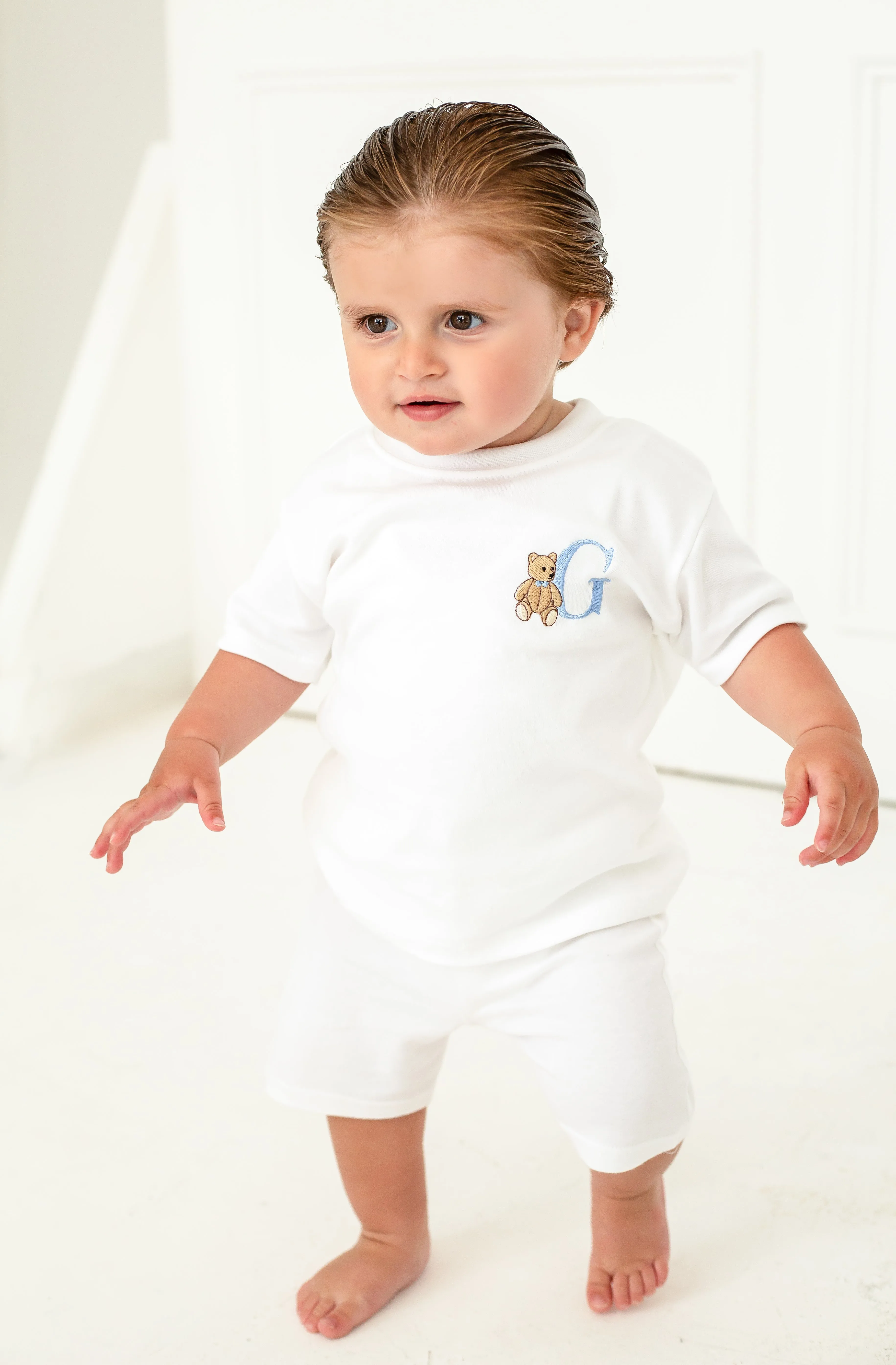 Boys White Teddy Bear T-shirt and Short Set