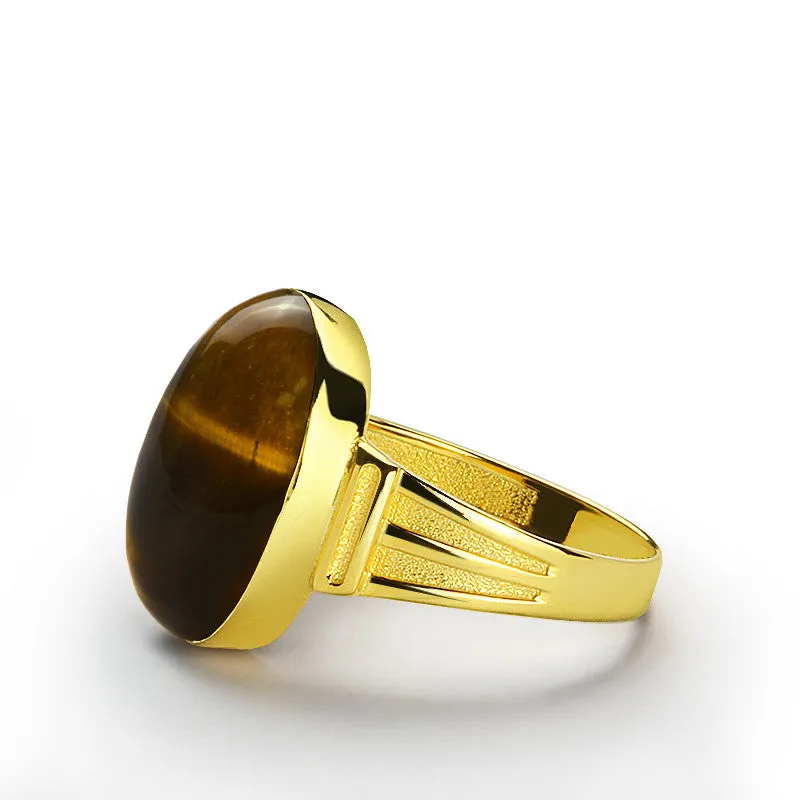 Brown Tiger's Eye Men's Ring in 10k Yellow Gold, Natural Stone Ring for Men