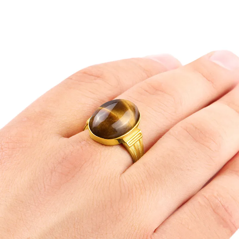 Brown Tiger's Eye Men's Ring in 10k Yellow Gold, Natural Stone Ring for Men