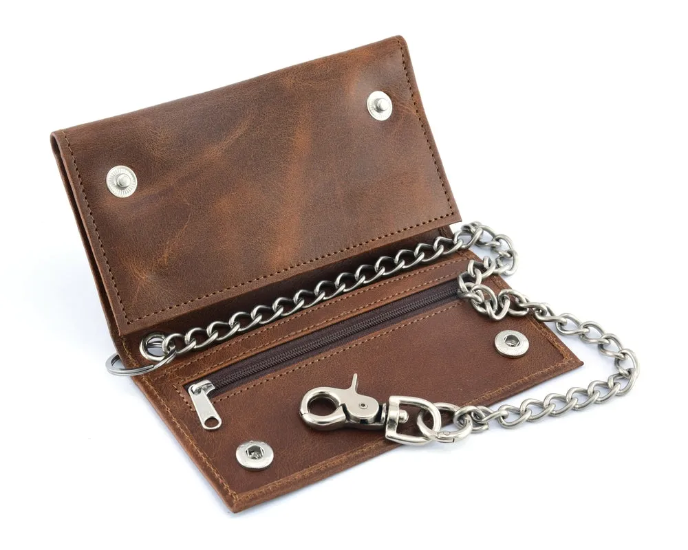 BWC234 BROWN LONG TRI-FOLD BIKER LEATHER CHAIN WALLET