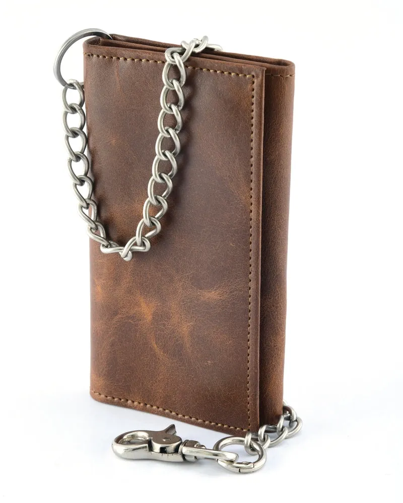 BWC234 BROWN LONG TRI-FOLD BIKER LEATHER CHAIN WALLET