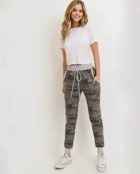 Camo Print Joggers with Elasticized Drawstring Waist in Green/Grey