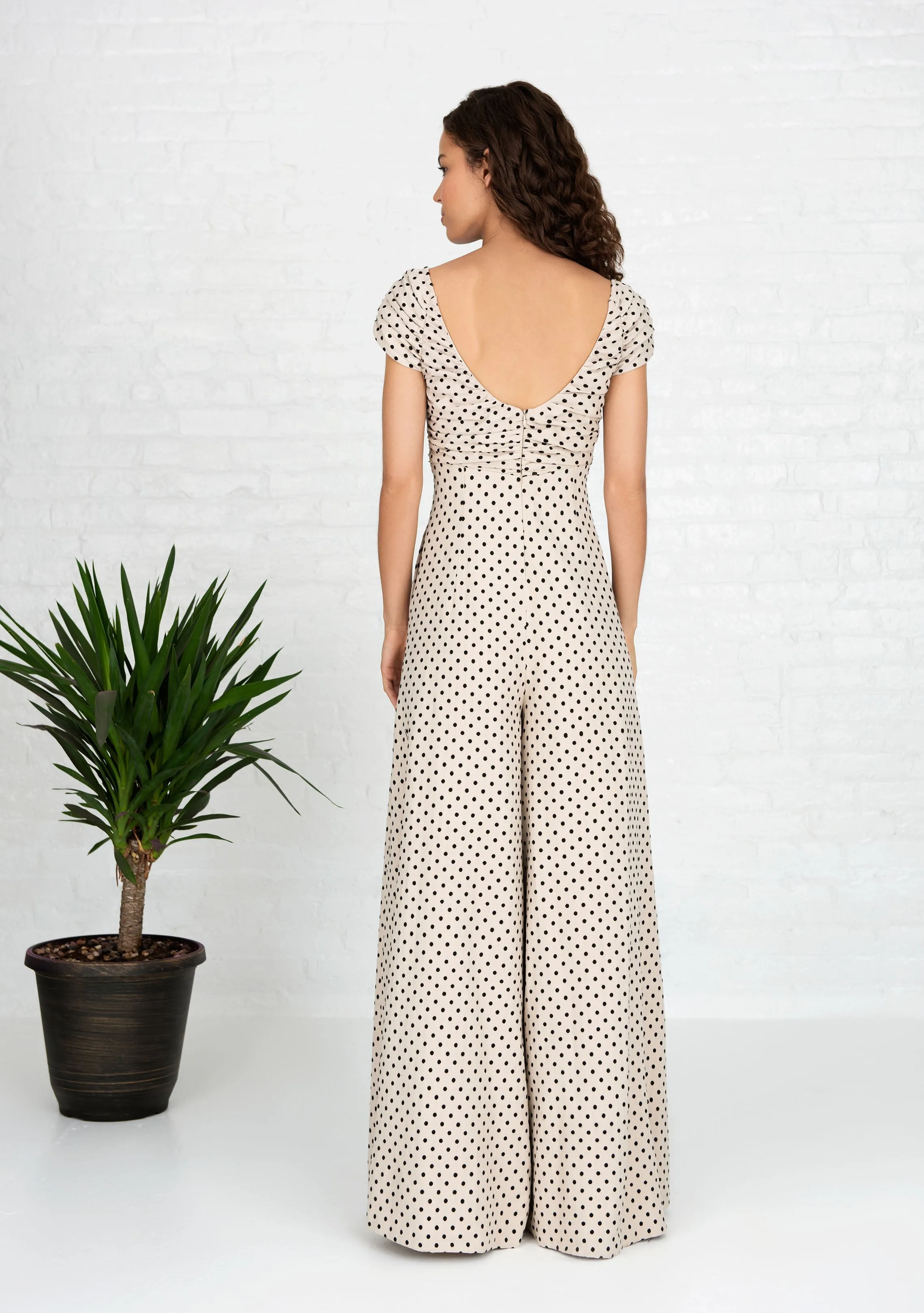 Charlotte Jumpsuit - Beige Black Polka Dot