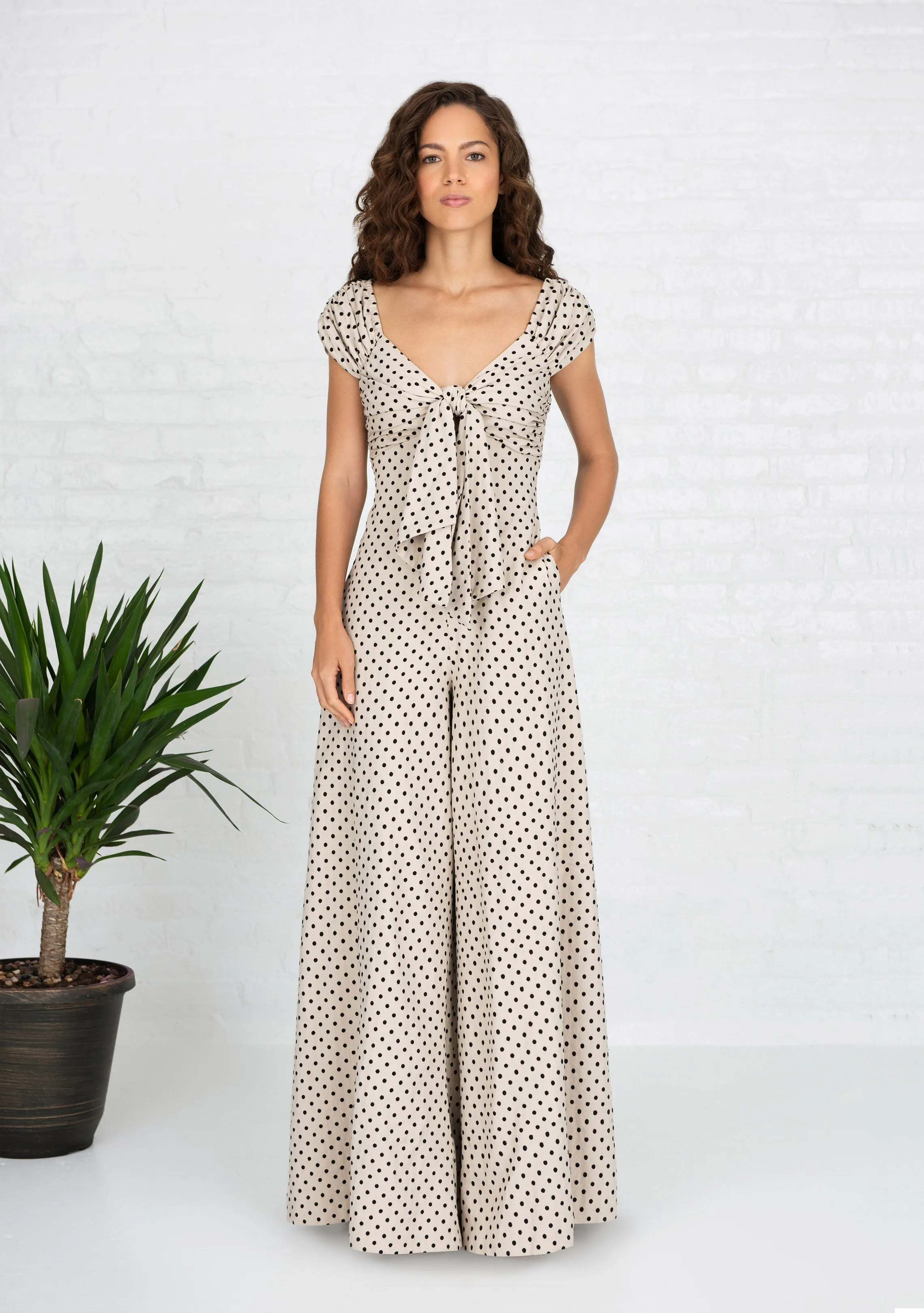 Charlotte Jumpsuit - Beige Black Polka Dot