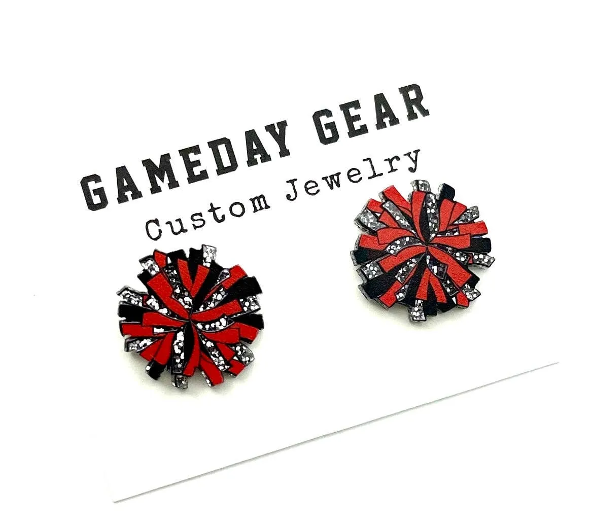 Cheer Pom Stud Earrings in Red/Black/Silver Glitter