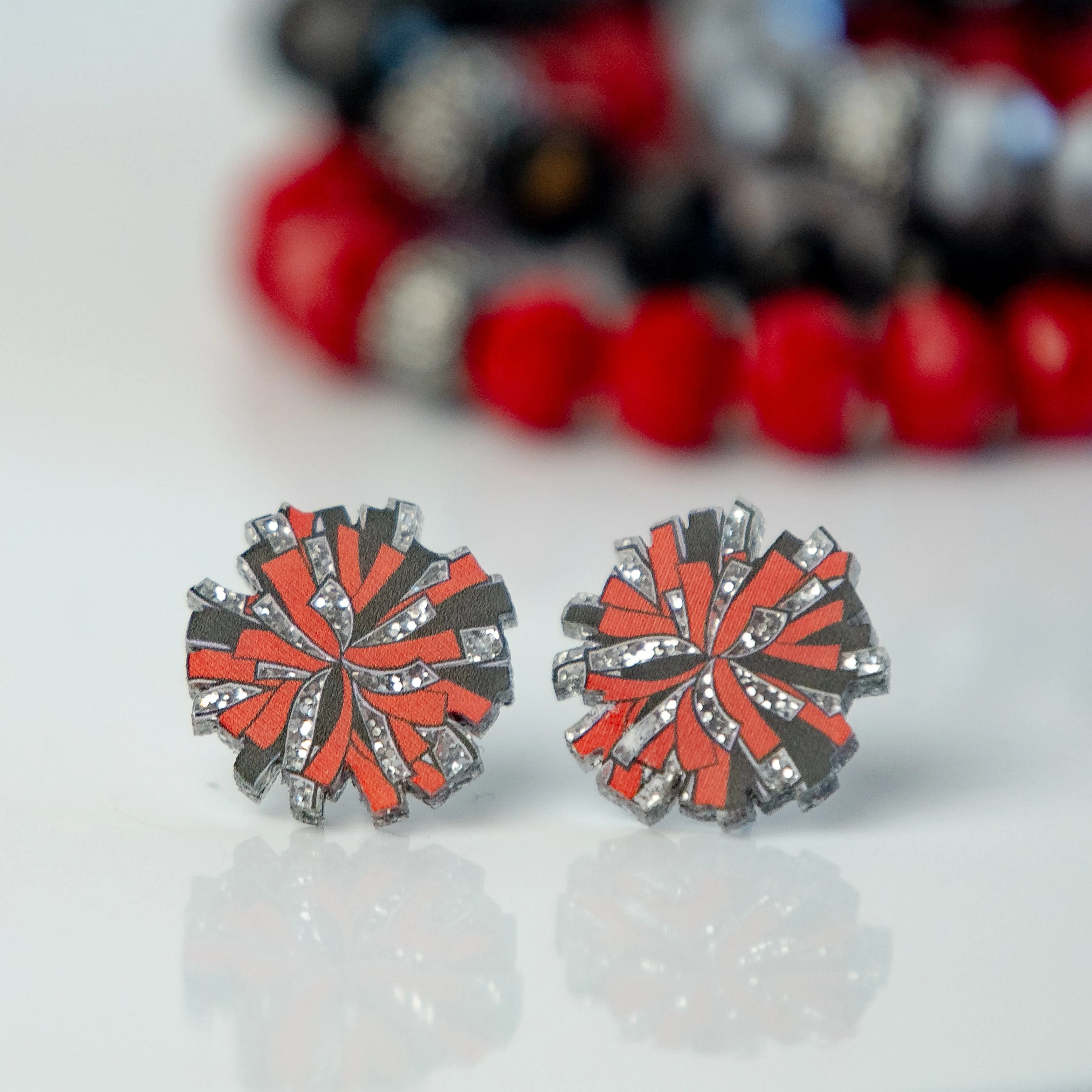 Cheer Pom Stud Earrings in Red/Black/Silver Glitter