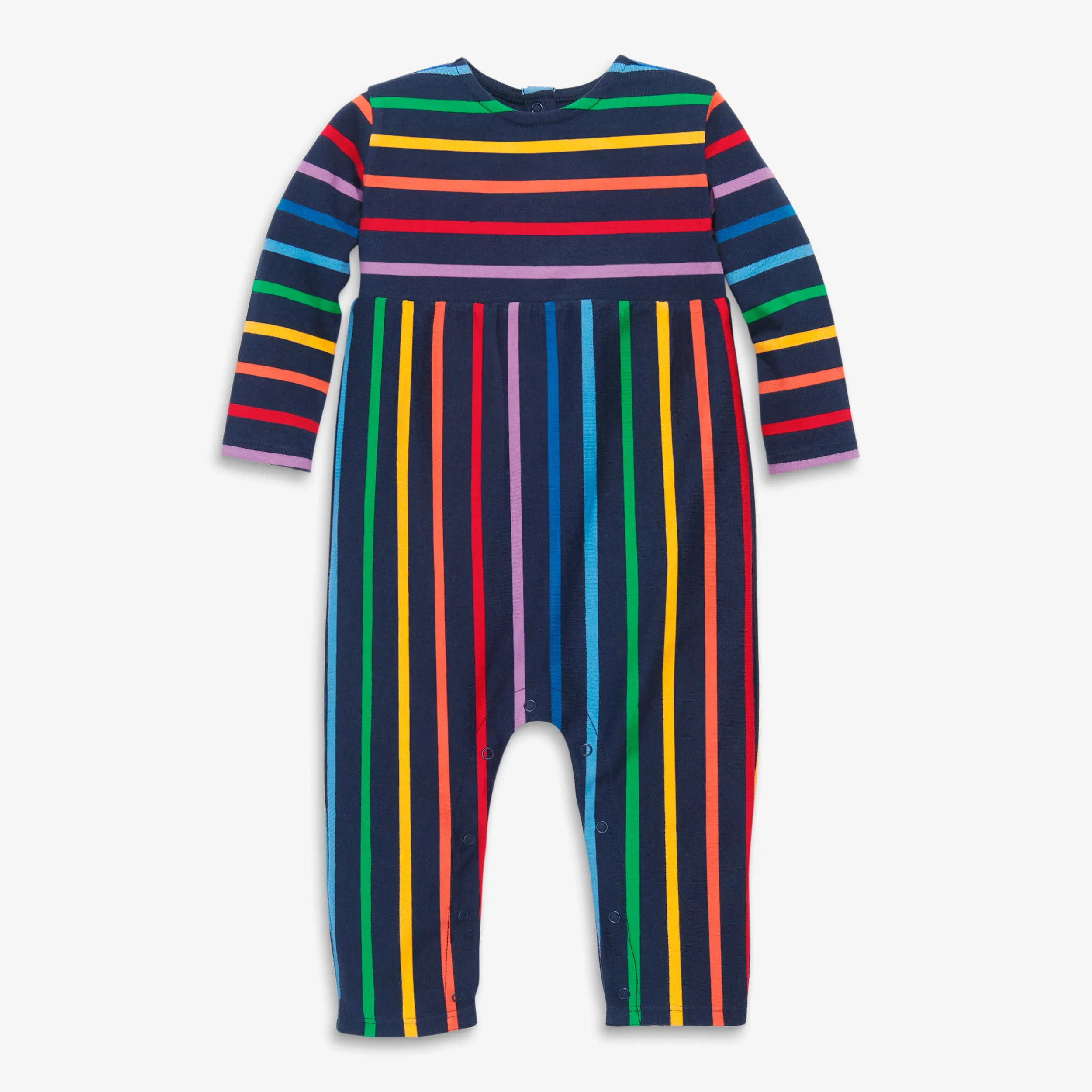 Clearance baby long sleeve explorer romper in rainbow stripe