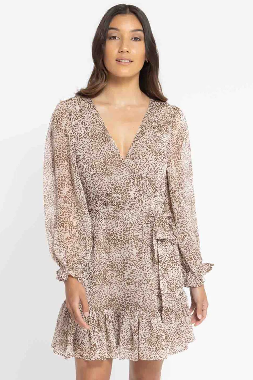 Cleo Latte Leopard LS Frill Mini Dress