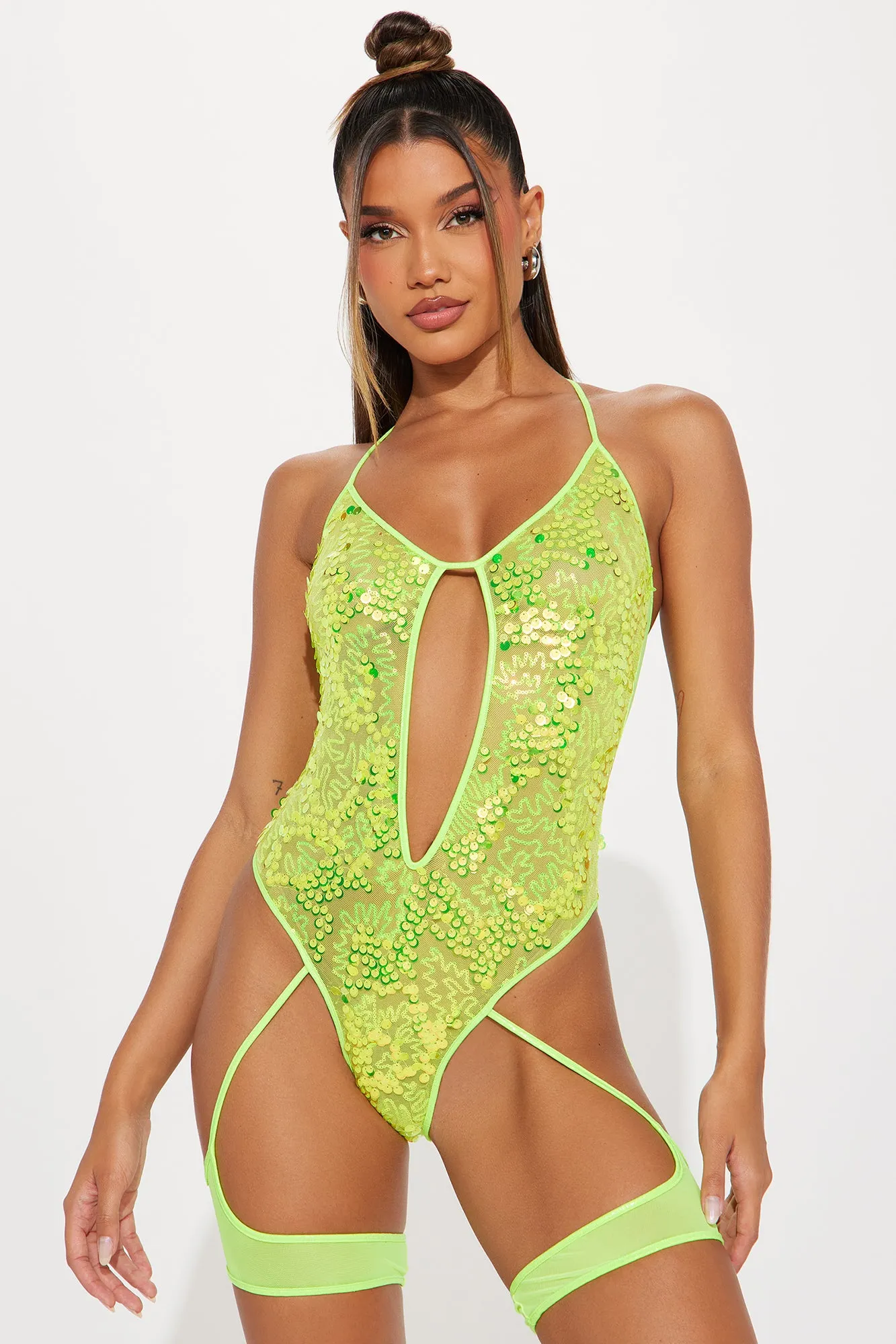 Dancing Under The Lights Sequins Dance Bodysuit - Neon Yellow