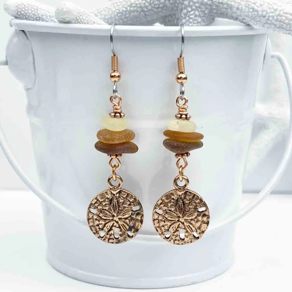 Dangle Earrings with Amber and Rootbeer Sea Glass and Copper Sand Dollar Charms | # 5063