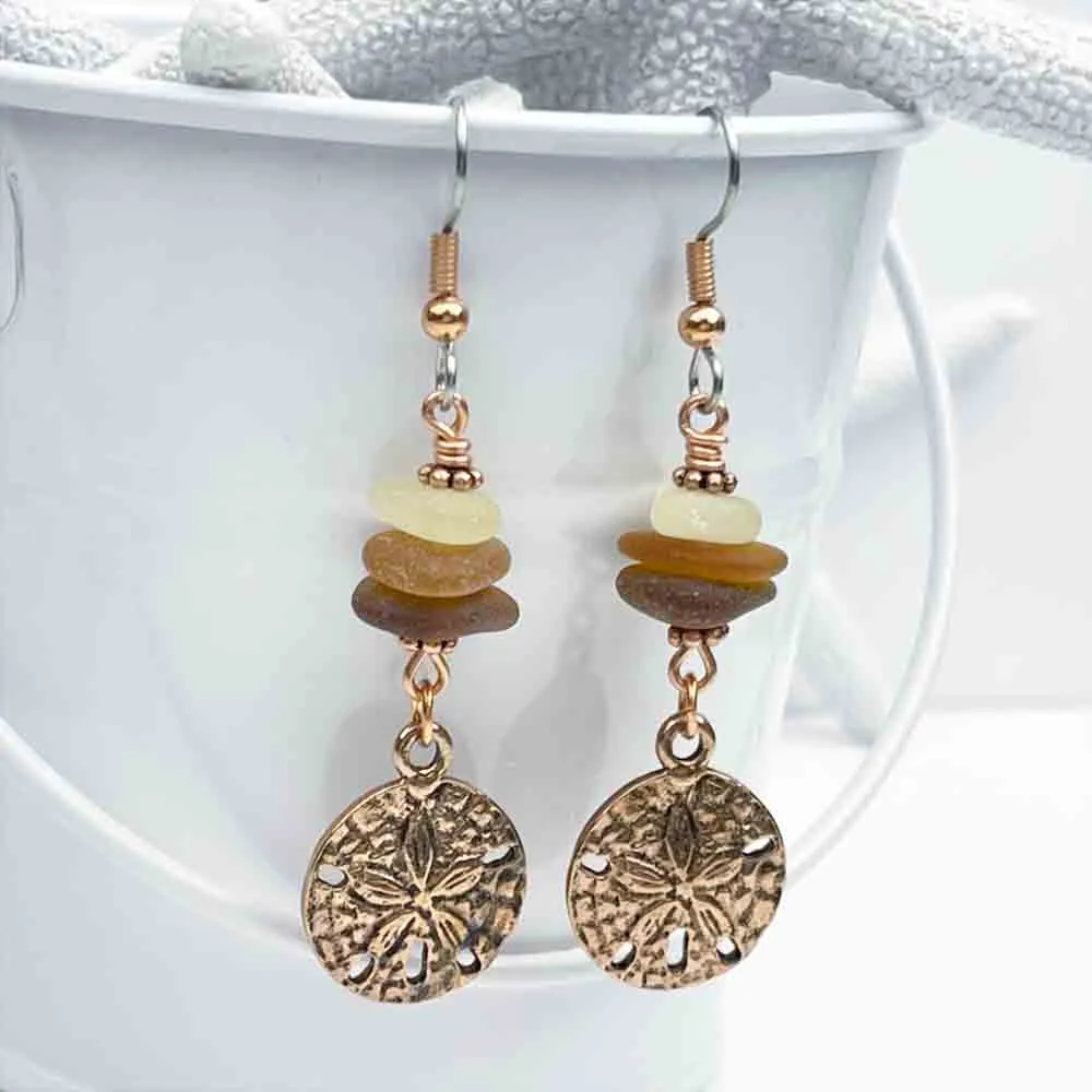 Dangle Earrings with Amber and Rootbeer Sea Glass and Copper Sand Dollar Charms | # 5063