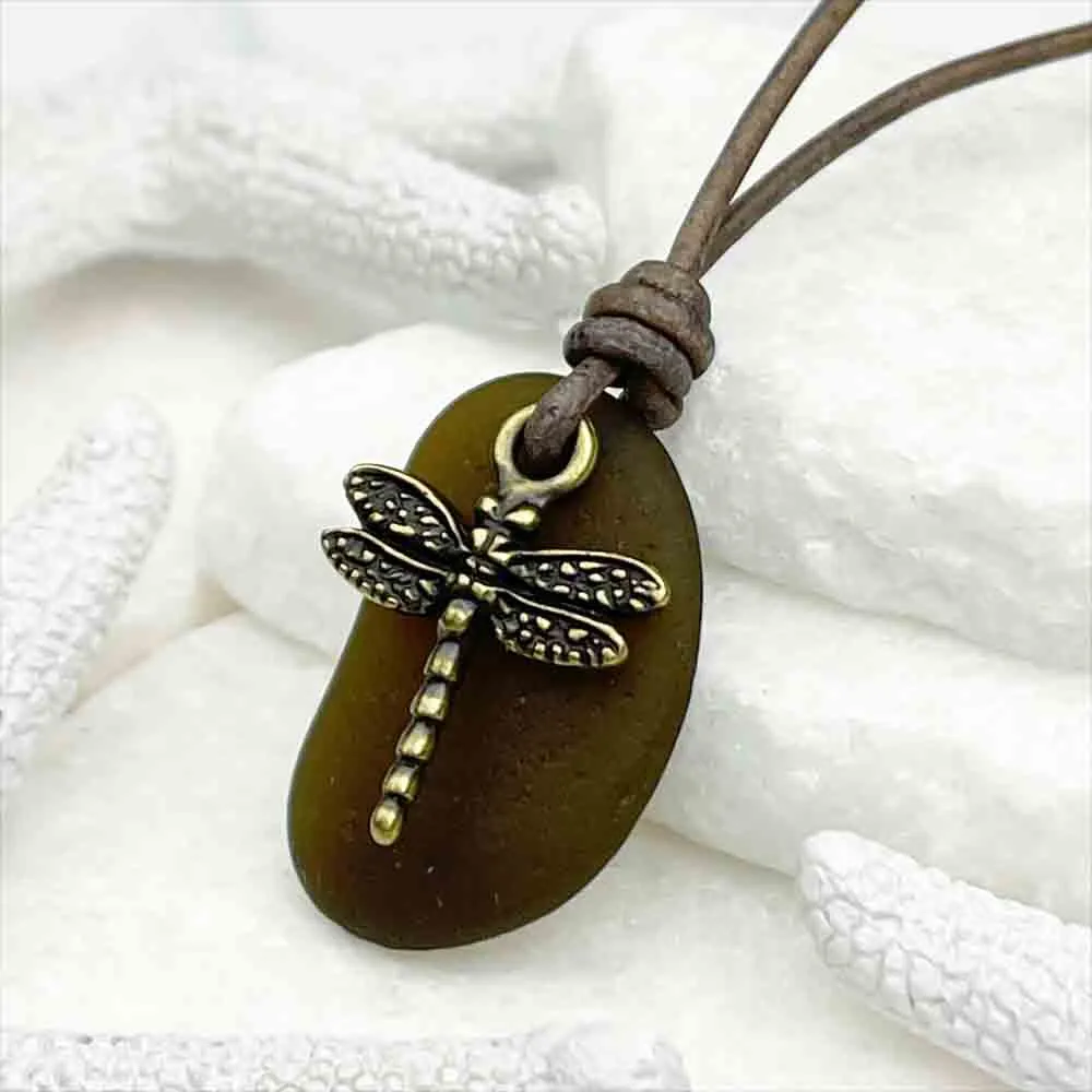 Dark Amber Sea Glass Leather Necklace with Bronze Dragonfly | #5101