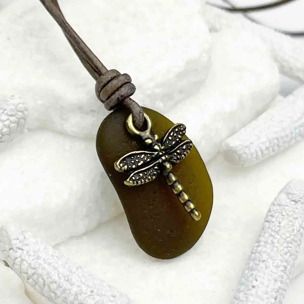 Dark Amber Sea Glass Leather Necklace with Bronze Dragonfly | #5101