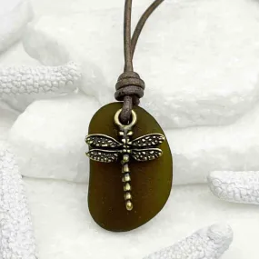 Dark Amber Sea Glass Leather Necklace with Bronze Dragonfly | #5101